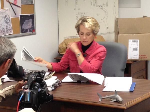 Kathy Flicker in her office, looking over the Vernie Mitchell case file.