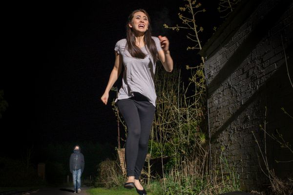 Jane running away from Jim at night while Jim chases her. 